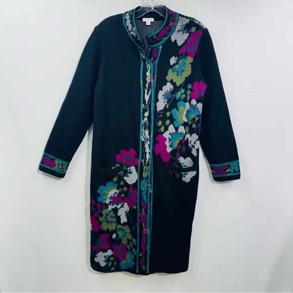 J. Jill Duster Cardigan Topper Coat Duster Black Floral Jacquard Snap Up Size S - Picture 1 of 12